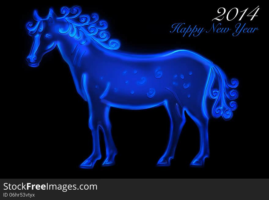 Blue glowing horse in a black background. Blue glowing horse in a black background.