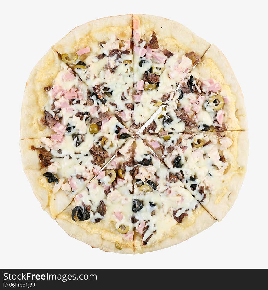 Pizza with cassoulet with different meat isolated over white background. Top view. Pizza with cassoulet with different meat isolated over white background. Top view.