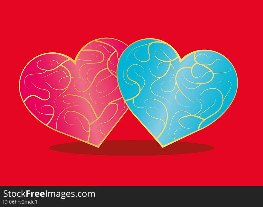 Colored hearts with a gold pattern.Red background.Vector illustration. Colored hearts with a gold pattern.Red background.Vector illustration.