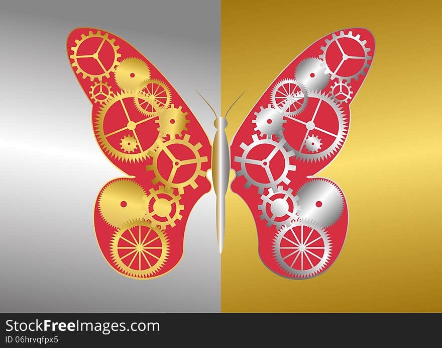 Butterfly with a pattern of the gears in the wings. Background in two colors. Butterfly with a pattern of the gears in the wings. Background in two colors