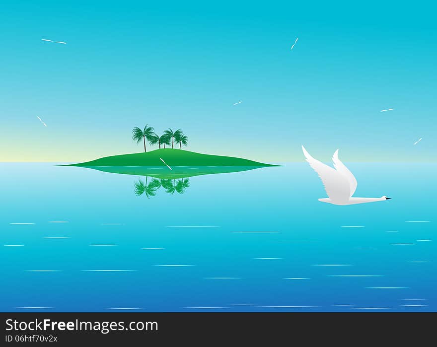Sea. The island with palm trees in the sea, surrounded with water and flock of birds in the sky.