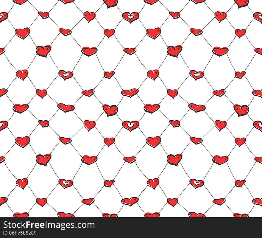 Abstract seamless net pattern made of red sketch hearts. Abstract seamless net pattern made of red sketch hearts