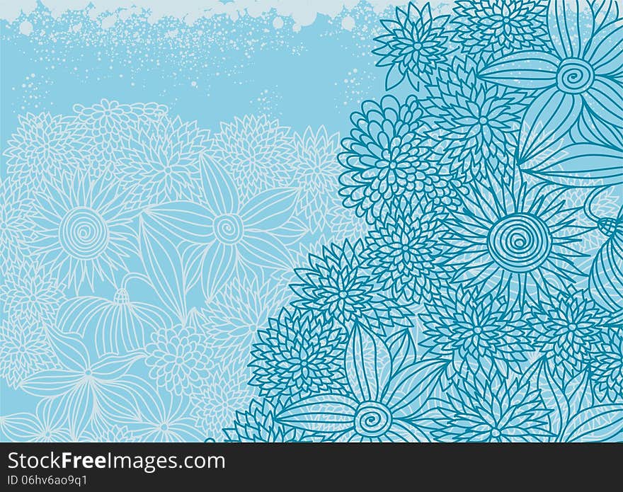 Beautiful doodle floral card with cute blue flowers and space for your text