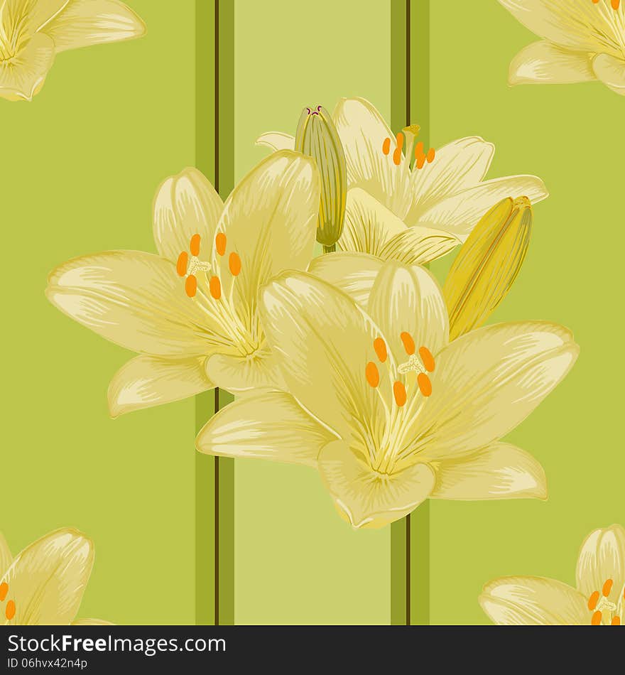 Vector seamless green background with lilies. Vector seamless green background with lilies.