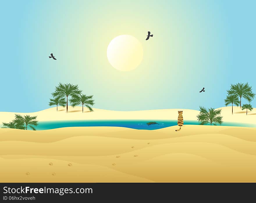 Desert. Wildlife, desert and lake with palm trees, blue sky, sun and bird, sitting on the shore of a tiger.