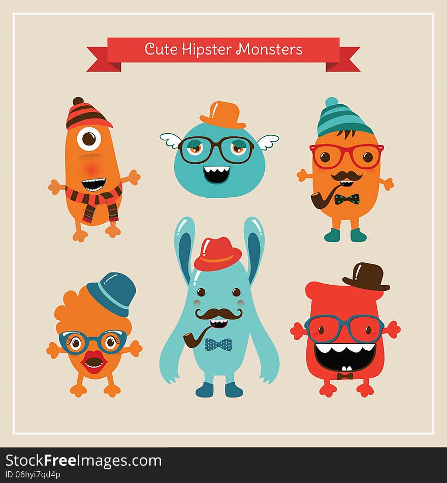 Vector Freaky Cute Retro Hipster Monsters, Funny Illustration. Vector Freaky Cute Retro Hipster Monsters, Funny Illustration.