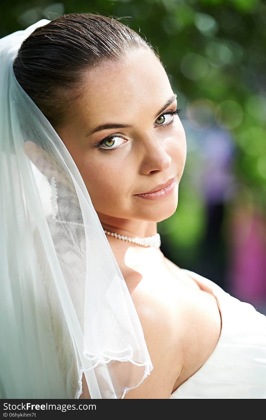 Portrait of happy bride with wedding veil