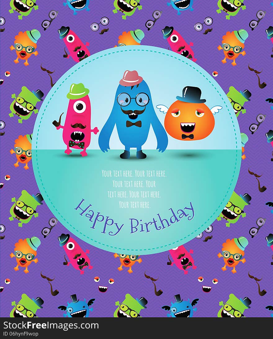 Hipster Monster Birthday Card. Vector Illustration