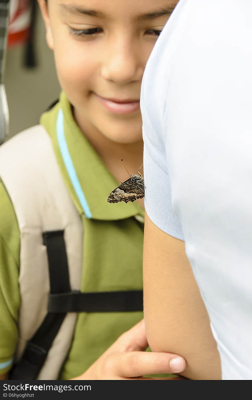 An eight year old boy observes a butterfly resting on the arm of her mother. An eight year old boy observes a butterfly resting on the arm of her mother.