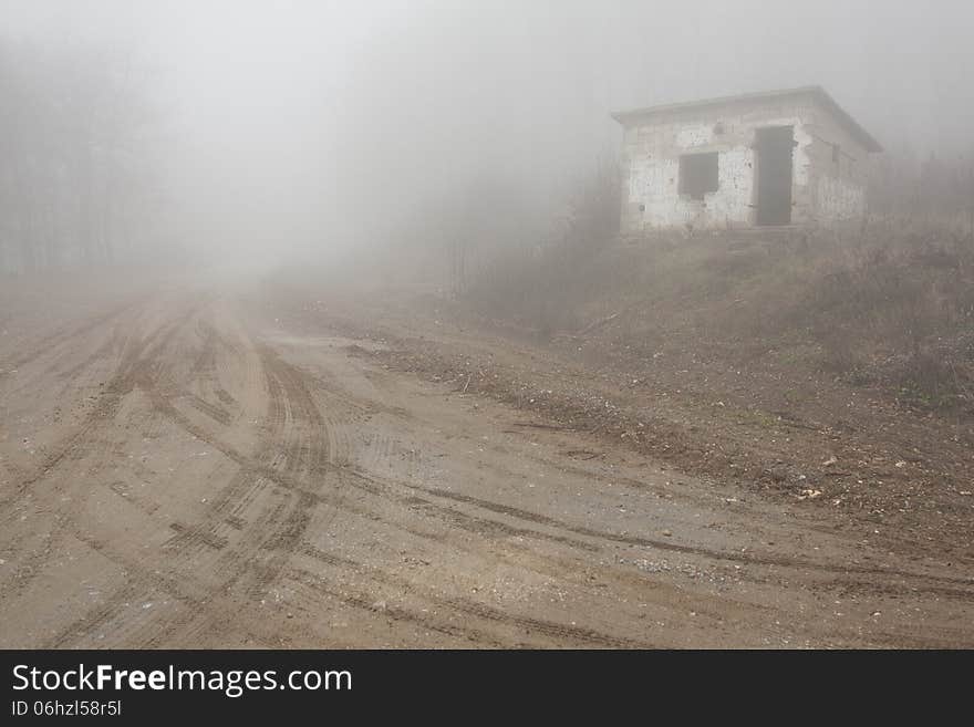 Misty forest in foggy weather,car tire track on the road,. Misty forest in foggy weather,car tire track on the road,