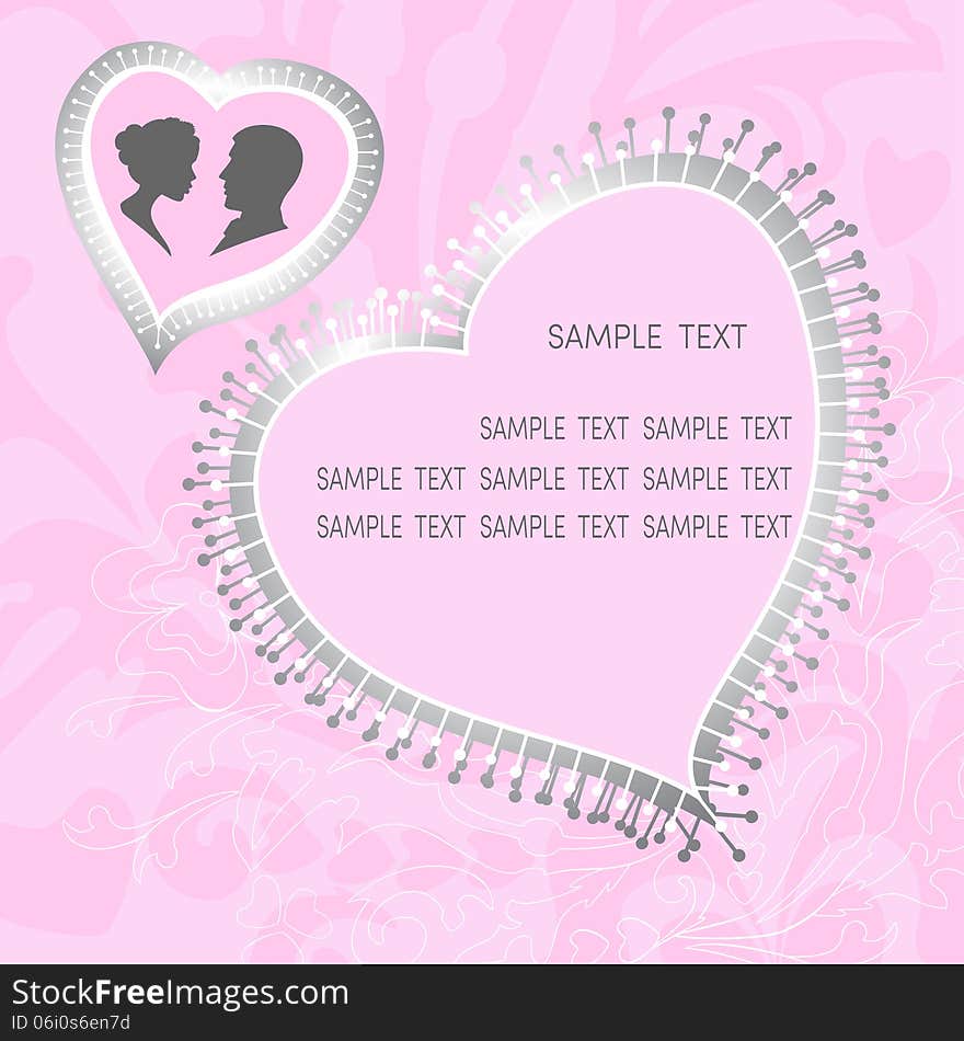 Grunge floral ornament and pink Valentine hearts with silhouette of a pair of lovers, where you can put your text. Grunge floral ornament and pink Valentine hearts with silhouette of a pair of lovers, where you can put your text