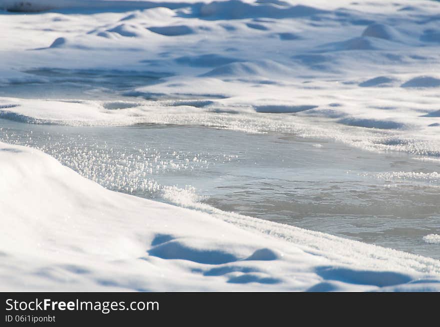 The frozen river with ice and hoarfrost close-up