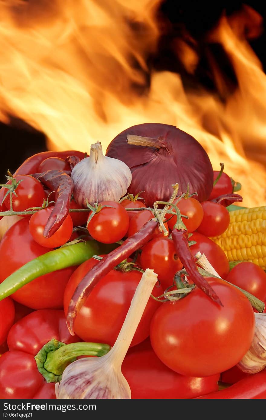 Large Pile of Vegetables in Front of the Open Fireplace XXXL. Large Pile of Vegetables in Front of the Open Fireplace XXXL