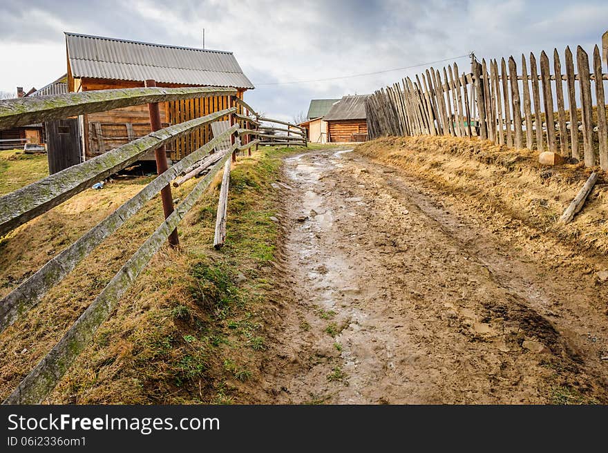 Dirty road in Carpathian village