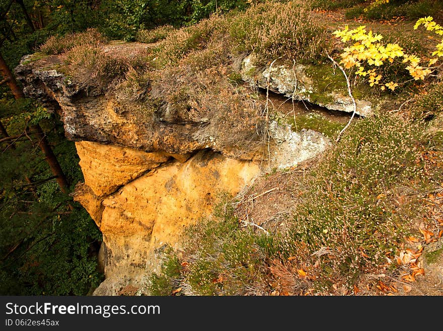 Rock covered with heather, the rock fall. Rock covered with heather, the rock fall