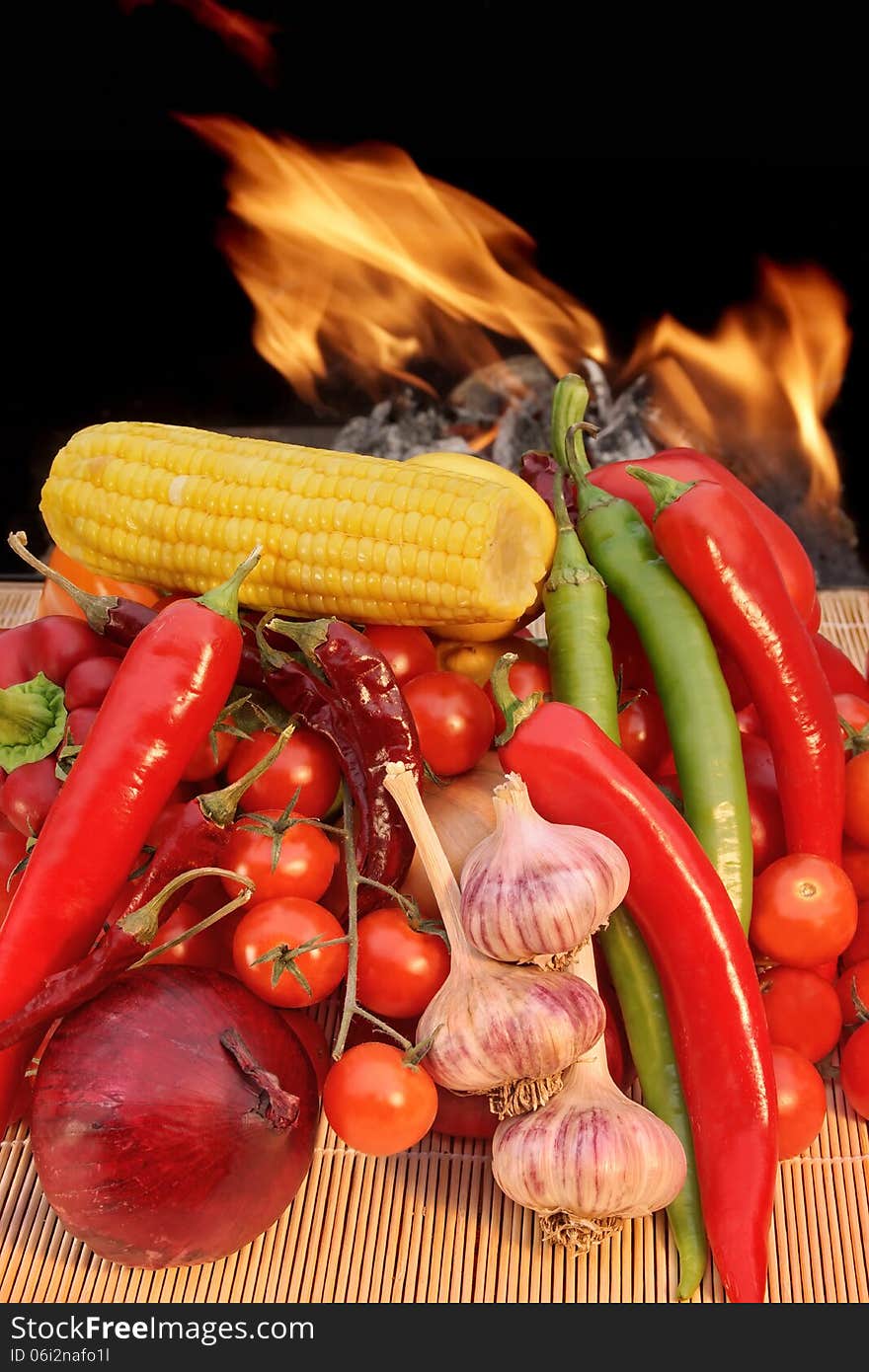 Large Pile of Vegetables in Front of the Open Fireplace XXXL. Large Pile of Vegetables in Front of the Open Fireplace XXXL