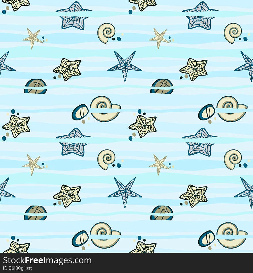 Seamless pastel blue marine pattern with sea creatures. Seamless pastel blue marine pattern with sea creatures