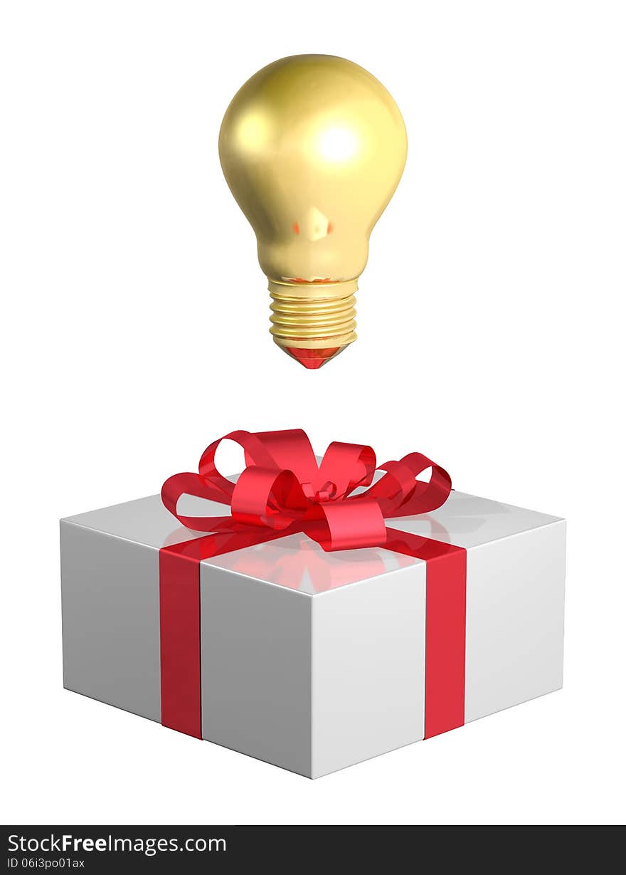 Golden light bulb above white gift box with red bow isolated on white background. Idea for present concept