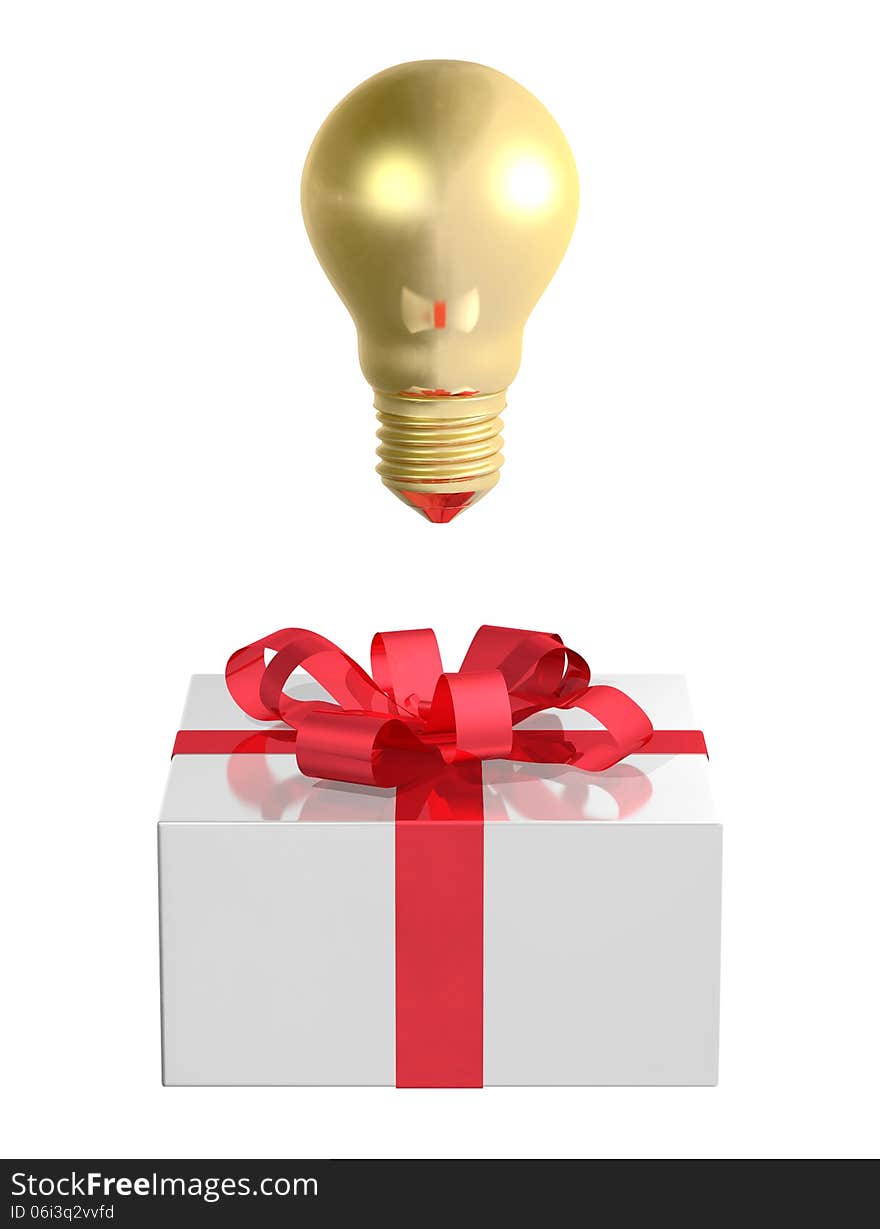 Golden light bulb above white gift box with red bow. Front view