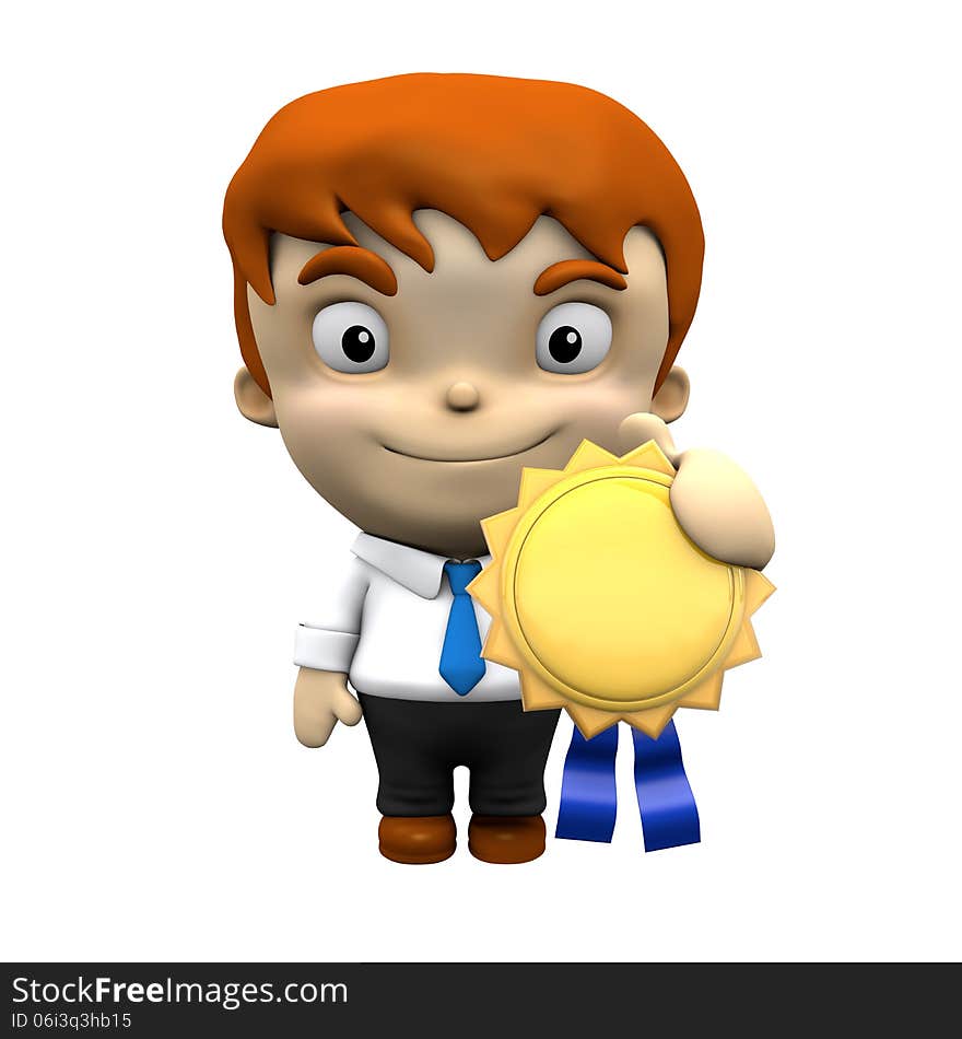 3d render of 3d character holding golden medal. 3d render of 3d character holding golden medal