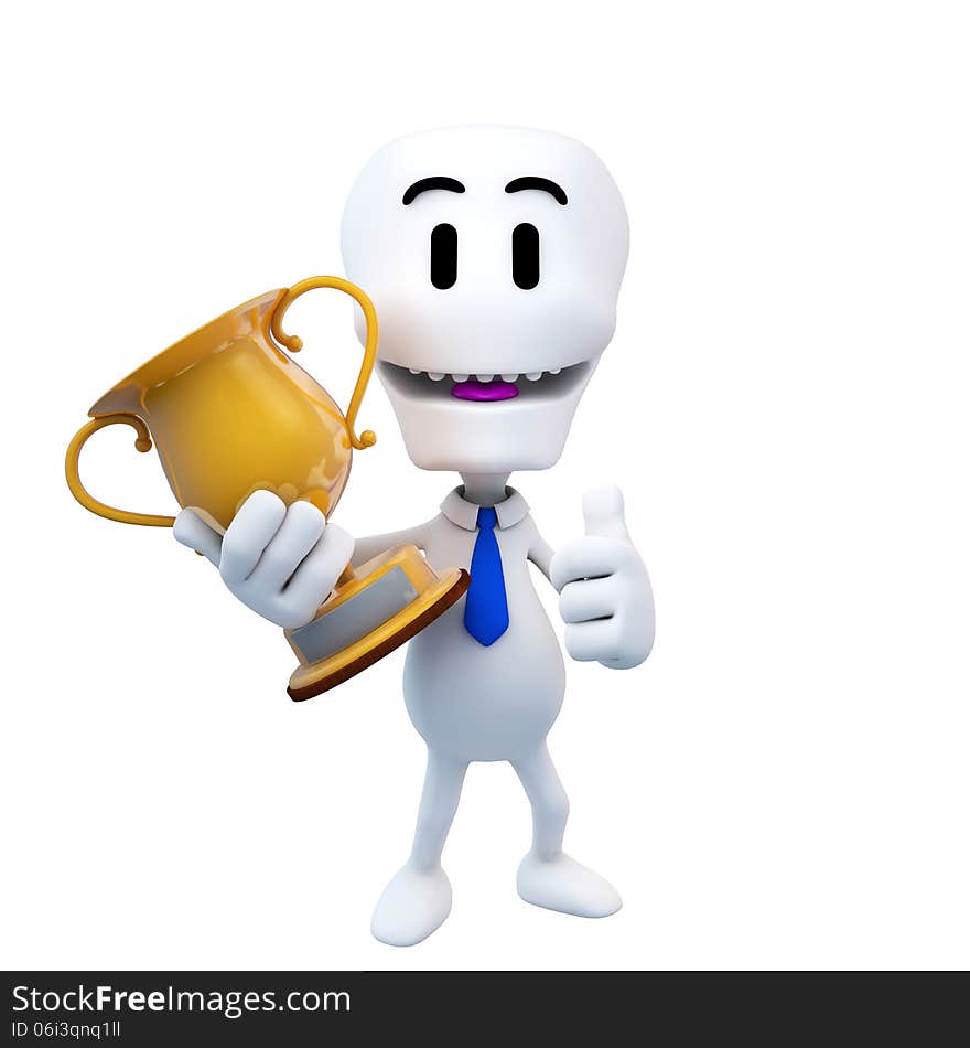 3d render of character with tie holding first place cup, includes clipping mask. 3d render of character with tie holding first place cup, includes clipping mask