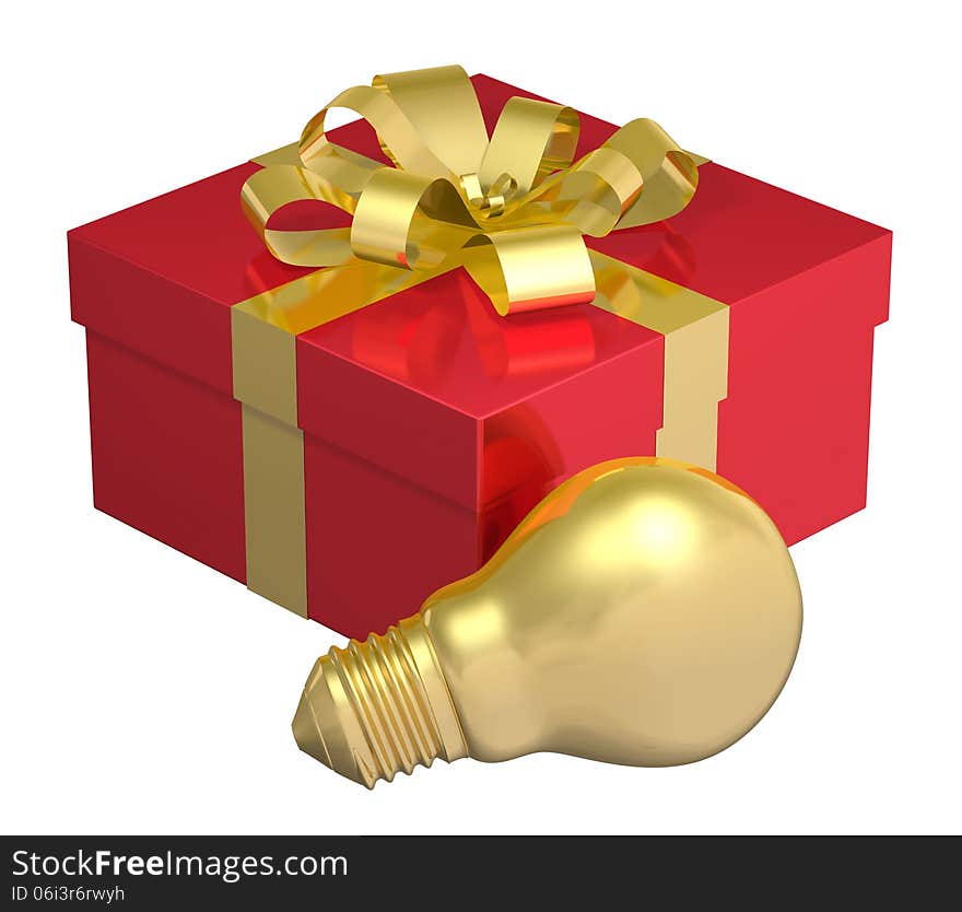 Golden light bulb near red gift box with golden bow isolated on white background. Idea for present concept