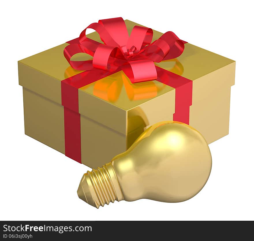 Golden light bulb near golden gift box with red bow