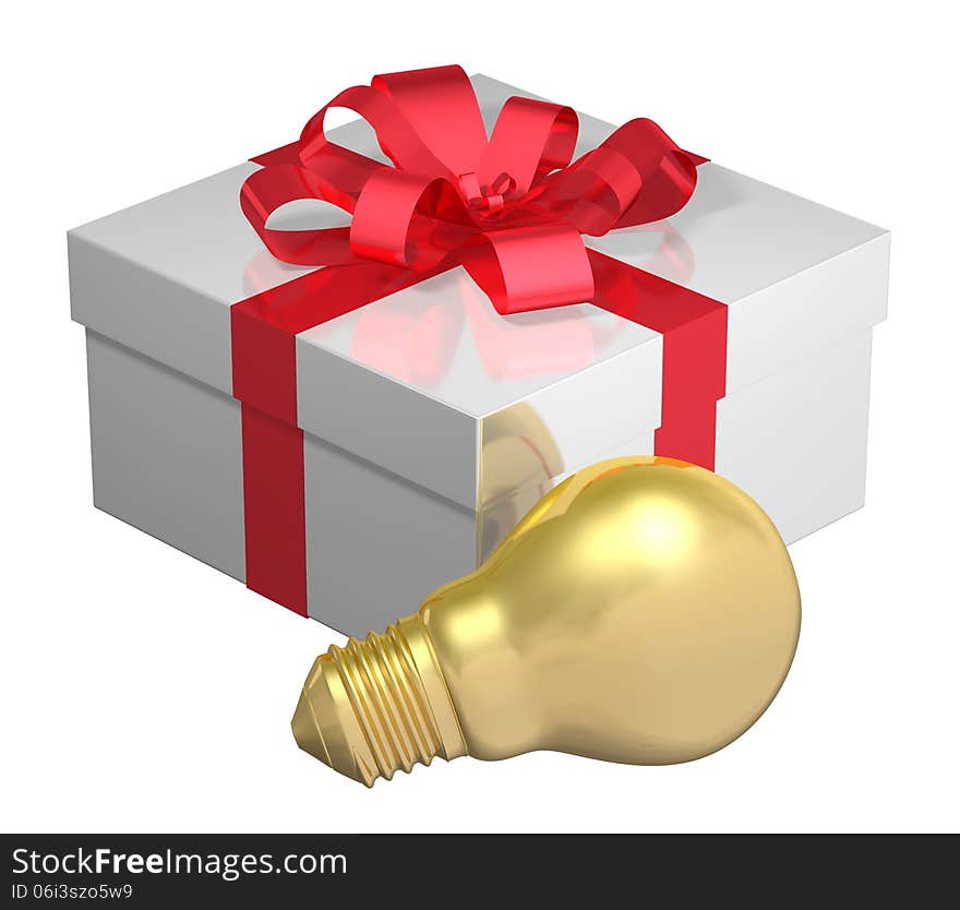 Golden light bulb near white gift box with red bow isolated on white background. Idea for present concept