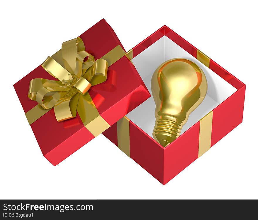 Golden light bulb in red open gift box with golden bow