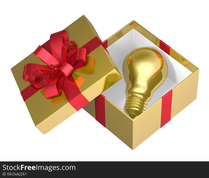 Golden light bulb in golden open gift box with red bow