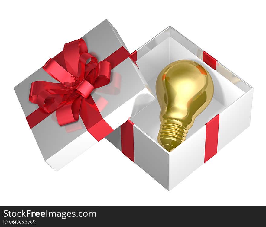 Golden light bulb in white open gift box with red bow