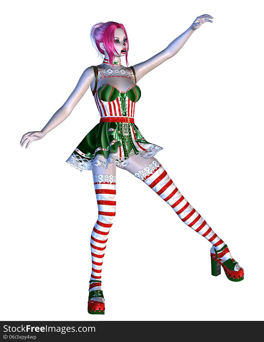 Digitally rendered illustration of a doll in green with red stripes dress on white background. Digitally rendered illustration of a doll in green with red stripes dress on white background.