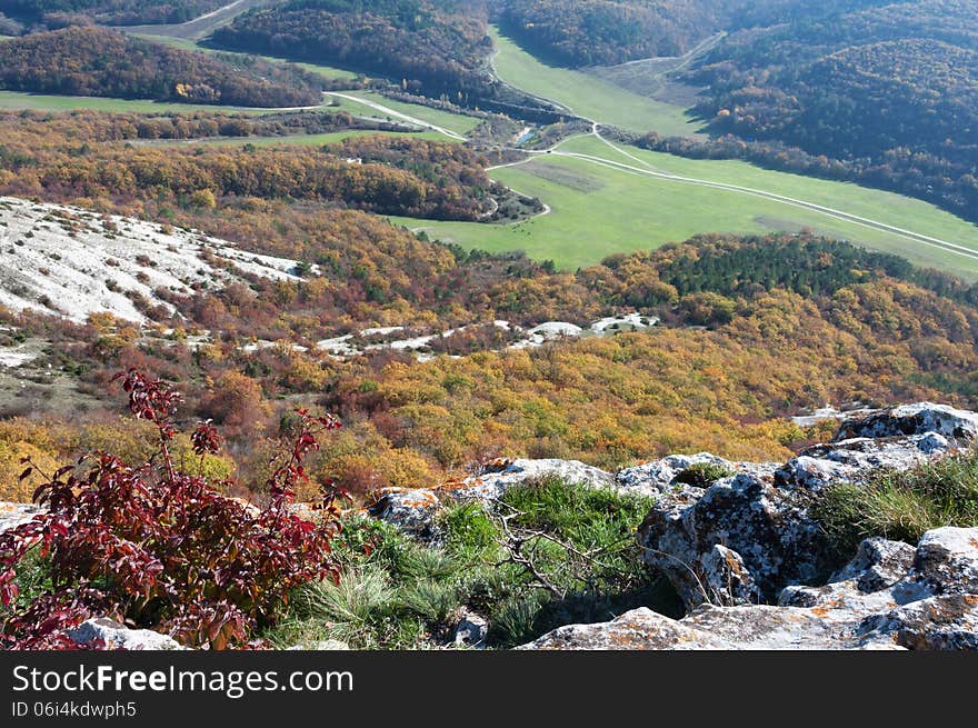 Panorama of a mountain plateau Mangup Kale. Ukraine, the Crimean peninsula