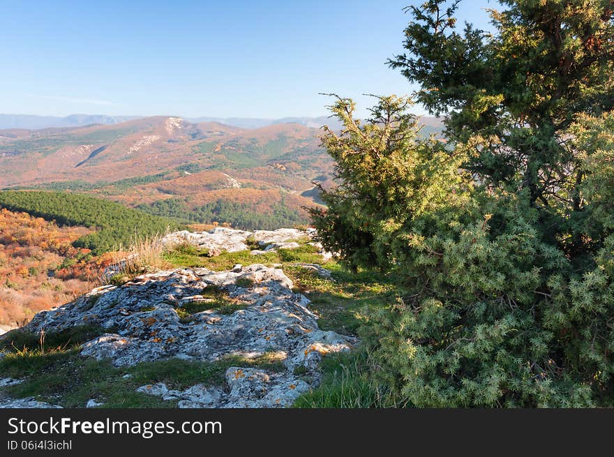 Panorama of a mountain plateau Mangup Kale. Ukraine, the Crimean peninsula