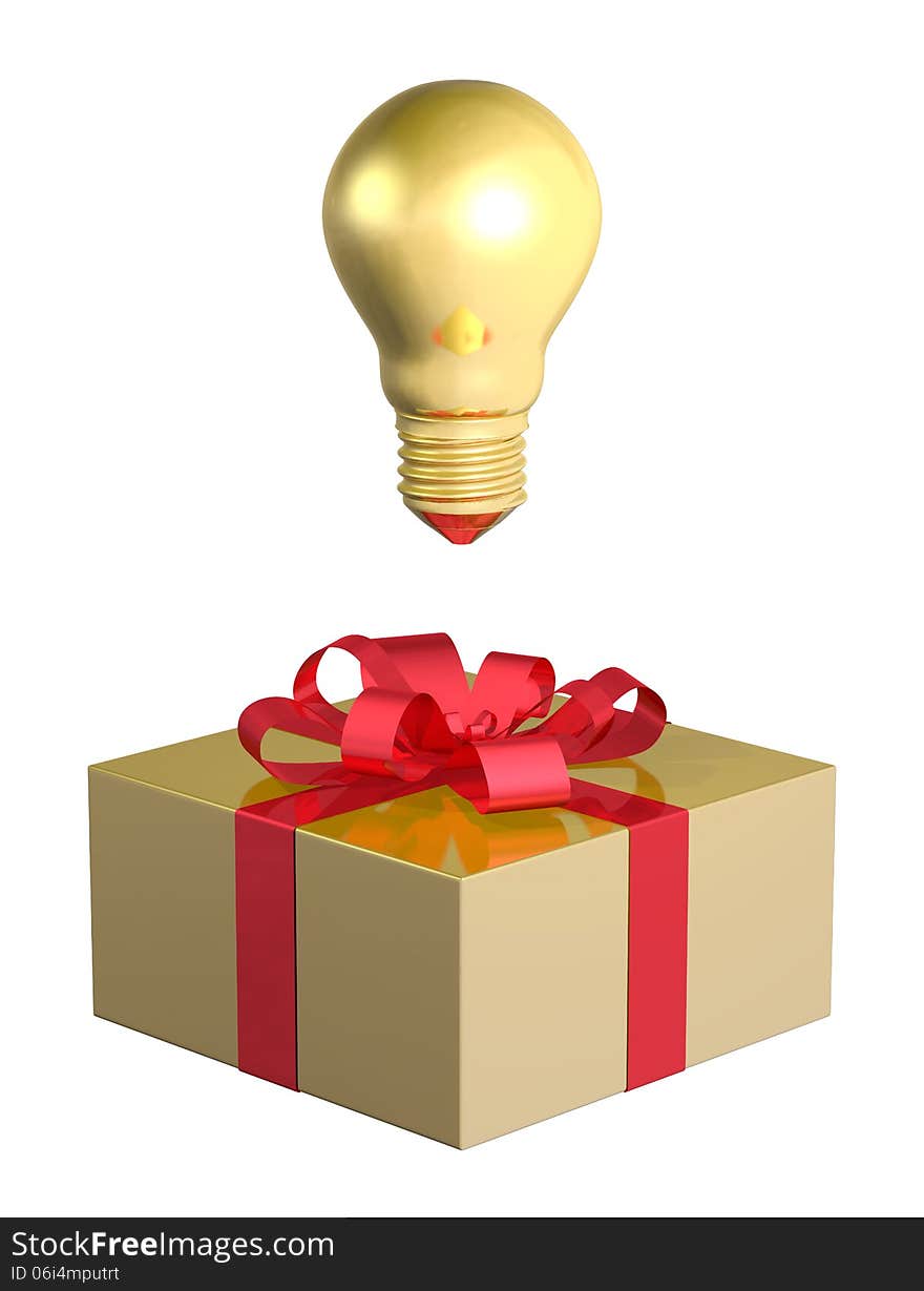 Golden light bulb above golden gift box with red bow isolated on white background. Idea for present concept