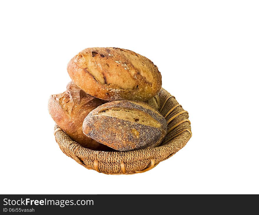 Healthy bread in basket isolated on white background