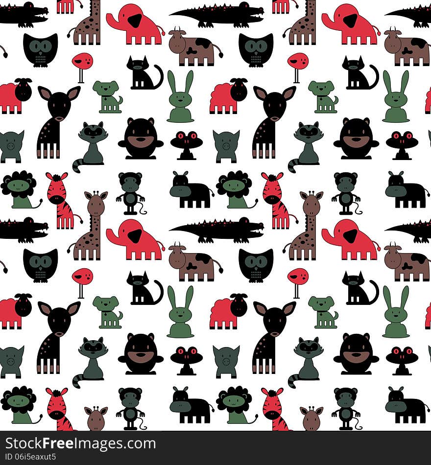 Seamless pattern with cute various colorful animals wild and domestic