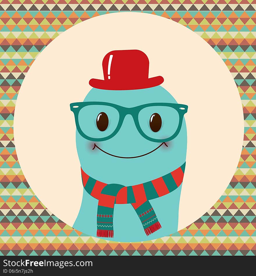 Hipster Retro Monster Card Illustration, Geometric Background. Hipster Retro Monster Card Illustration, Geometric Background