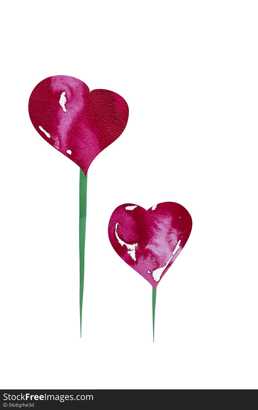 : Two red watercolor heart on green stalk beyly background love valentine