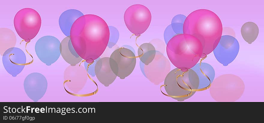 Panorama banner balloons birthday celebration background with lilac pink and blue. Panorama banner balloons birthday celebration background with lilac pink and blue