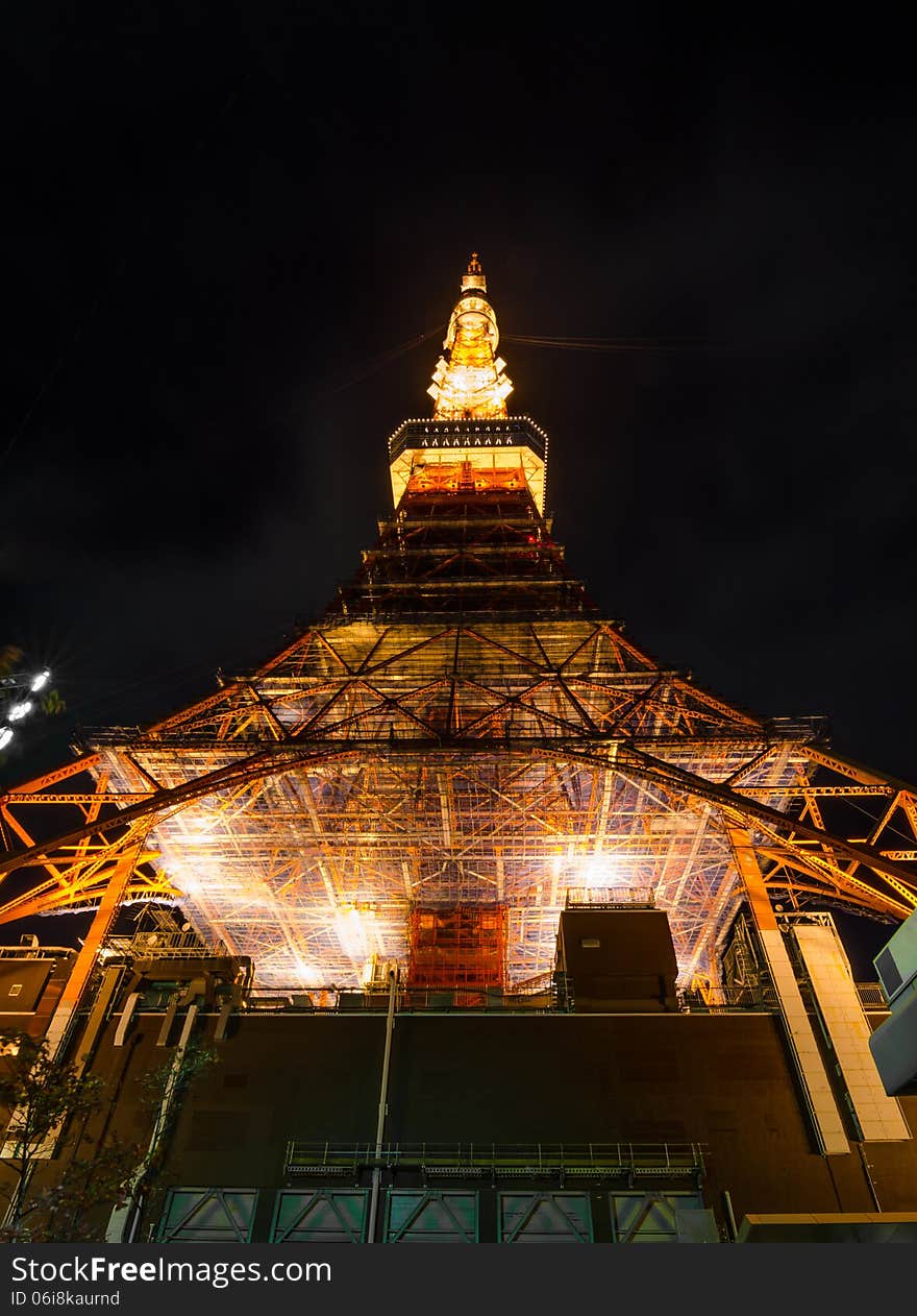 Tokyo Tower at night, worm eye view