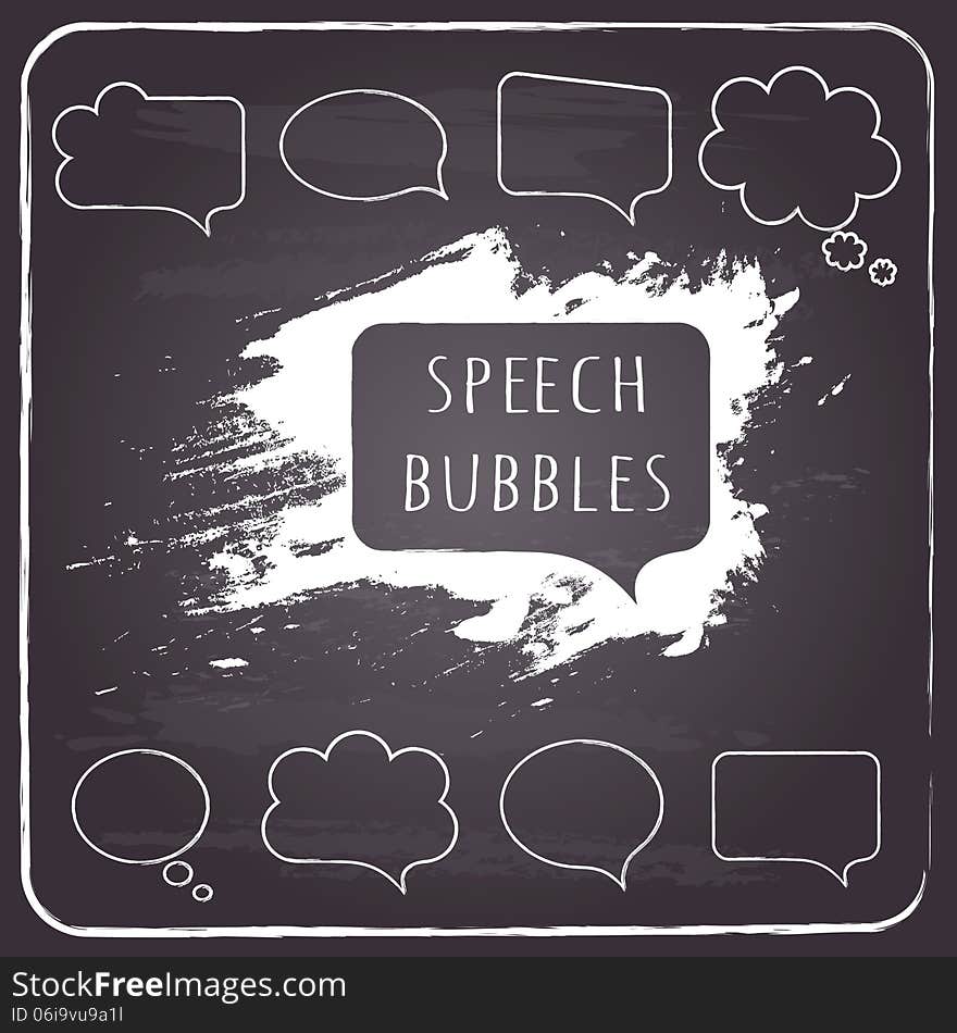 Set of hand-drawn speech and thought bubbles on chalkboard background. Vector illustration.