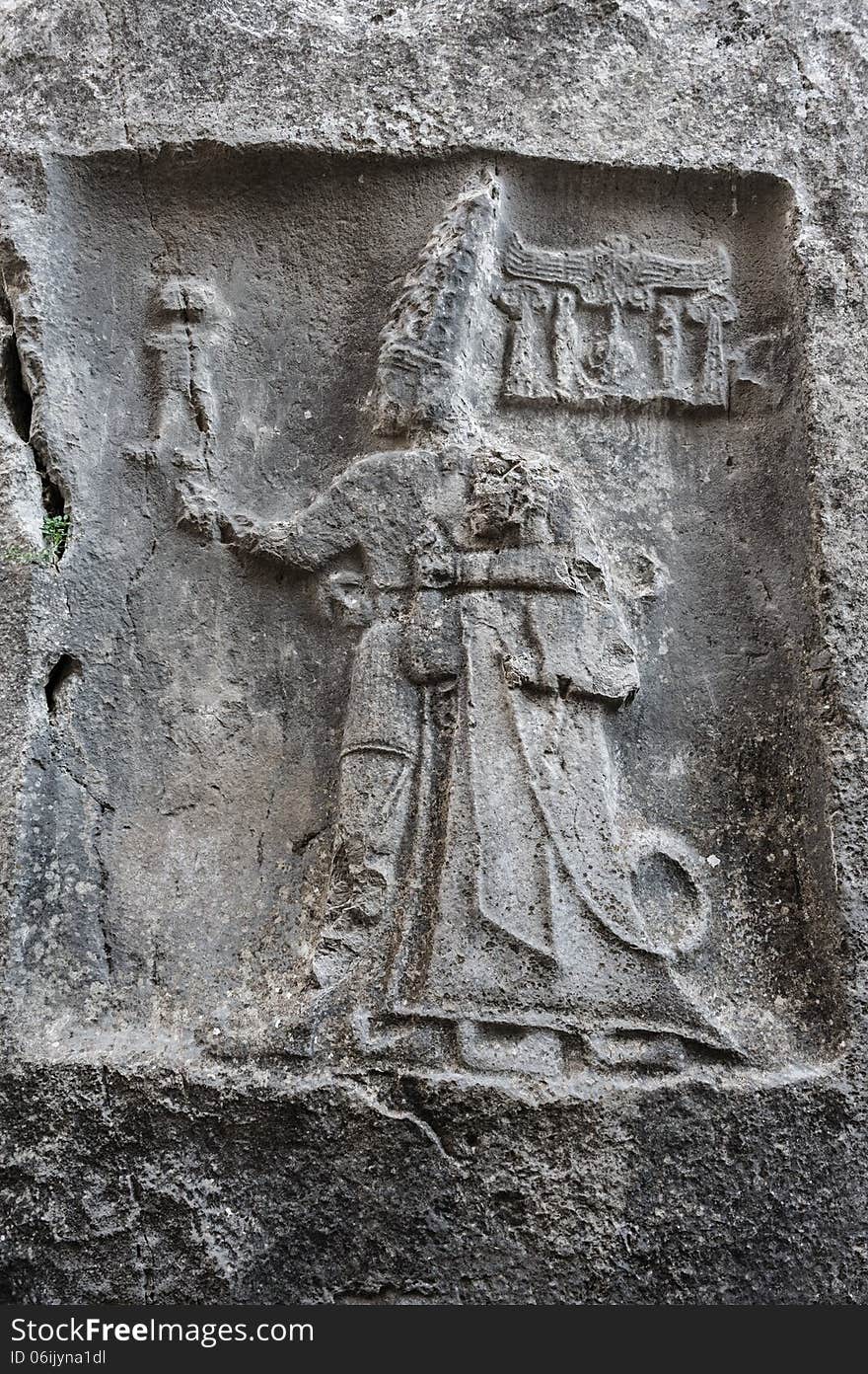 God Sharruma and King Tudhaliya, rock carving in Yazılıkaya