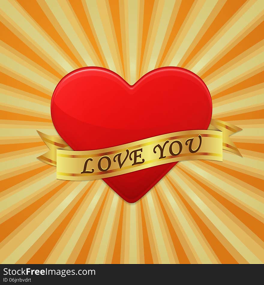 Heart with ribbon and phrase Love You. Vector concept illustration.