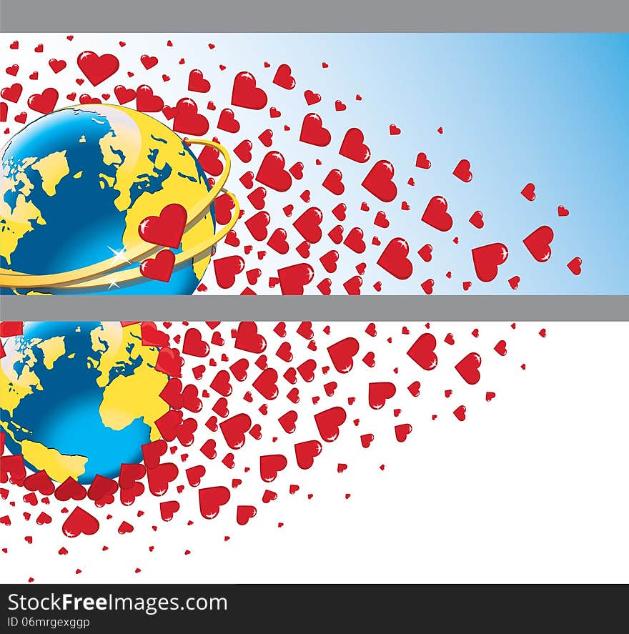 Planet earth with wedding rings and flying hearts.Horizontal Banners.Vector illustration