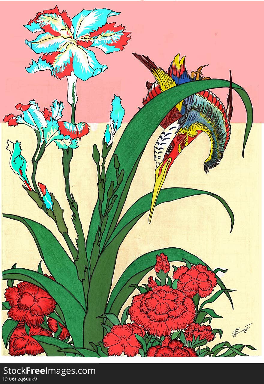 Kingfisher and flowers