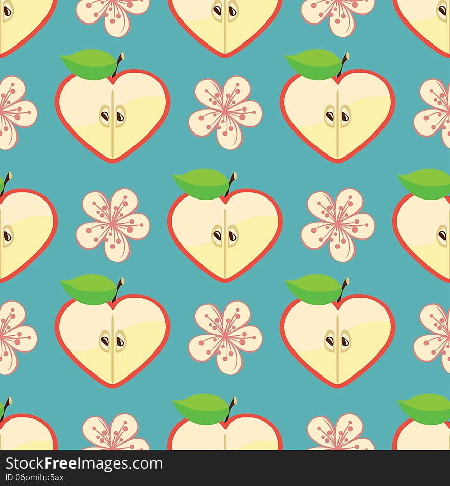 Apple, halves heart shaped and flowers on the pink background.Сartoon  Оrnament.Vector seamless pattern ,background, packing,Wallpaper,fabric,childrens figure. Apple, halves heart shaped and flowers on the pink background.Сartoon  Оrnament.Vector seamless pattern ,background, packing,Wallpaper,fabric,childrens figure.