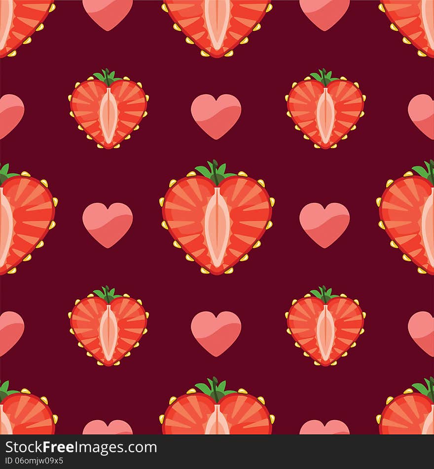 Strawberry halves heart shaped and heart on the magenta background.Cartoon ornament.Vector seamless pattern ,background, packing,Wallpaper,fabric,childrens figure. Strawberry halves heart shaped and heart on the magenta background.Cartoon ornament.Vector seamless pattern ,background, packing,Wallpaper,fabric,childrens figure.