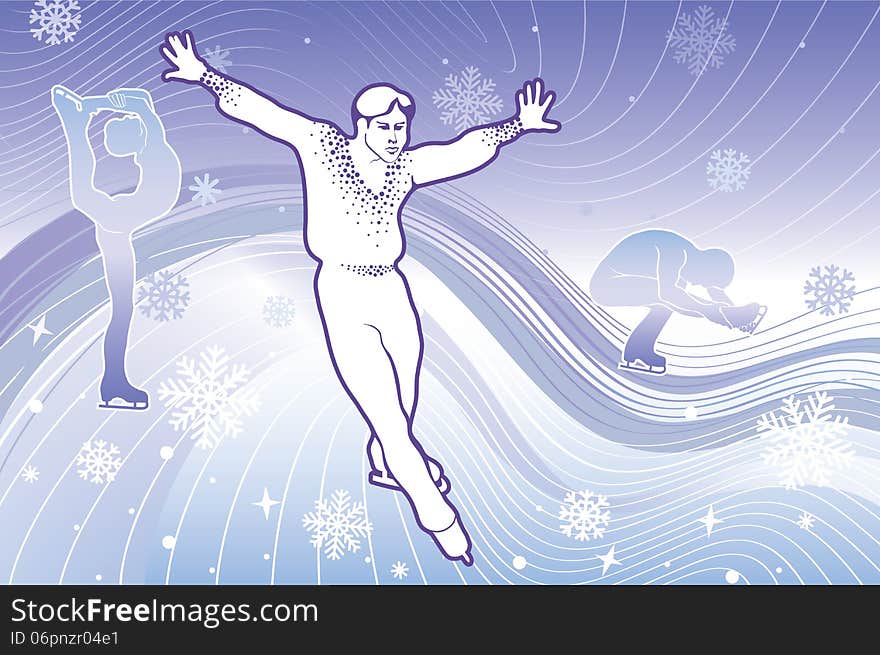 Man figure skaters.Abstract gradient background.Design template,poster,sticker,Wallpaper.Vector Illustration of winter weather. Man figure skaters.Abstract gradient background.Design template,poster,sticker,Wallpaper.Vector Illustration of winter weather