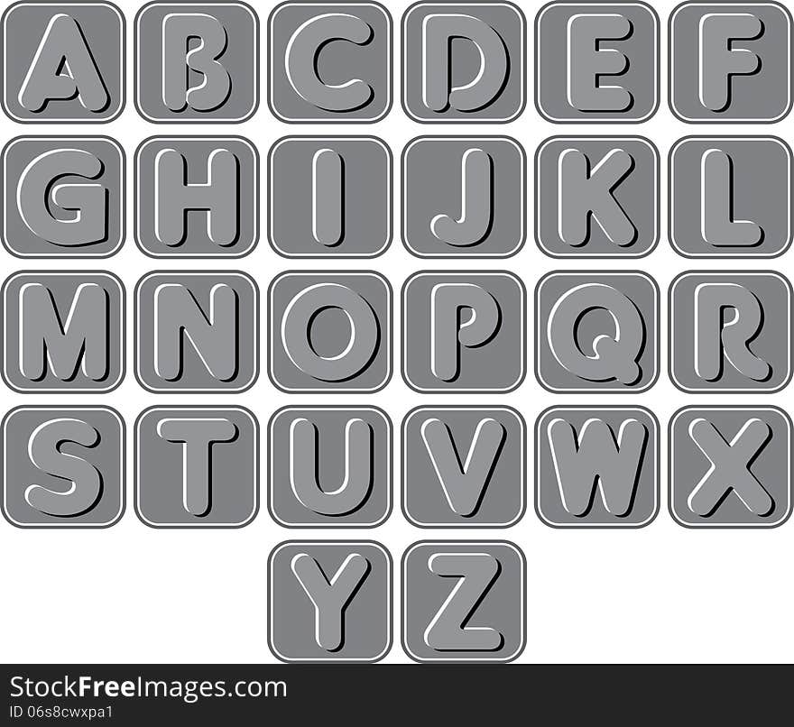 Complete gray set of English alphabets, rounded square shape